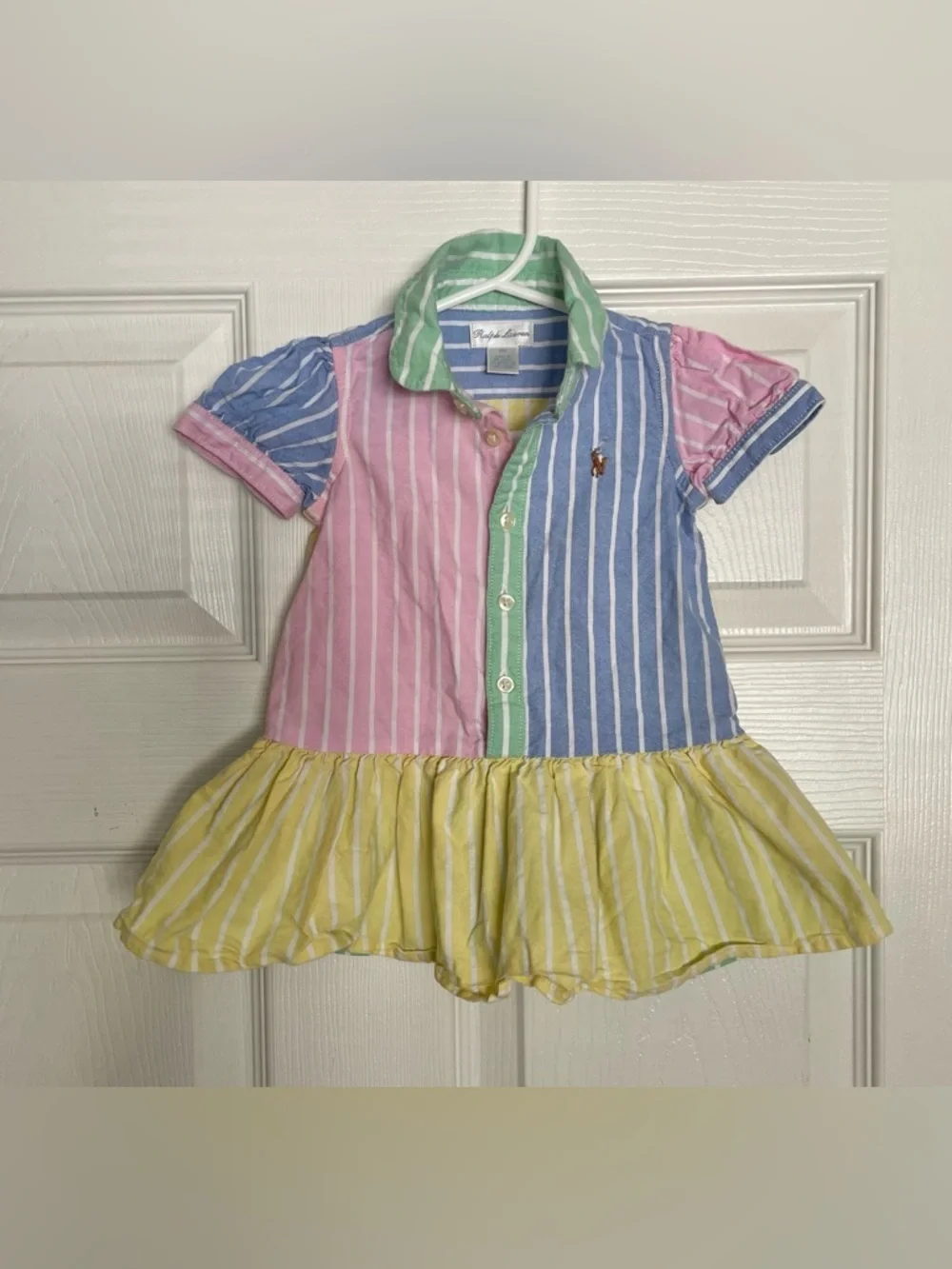 Ralph Lauren 3-6 Mo Girls Multi-Stripe Polo Shirt Dress Pink Blue Green Yellow